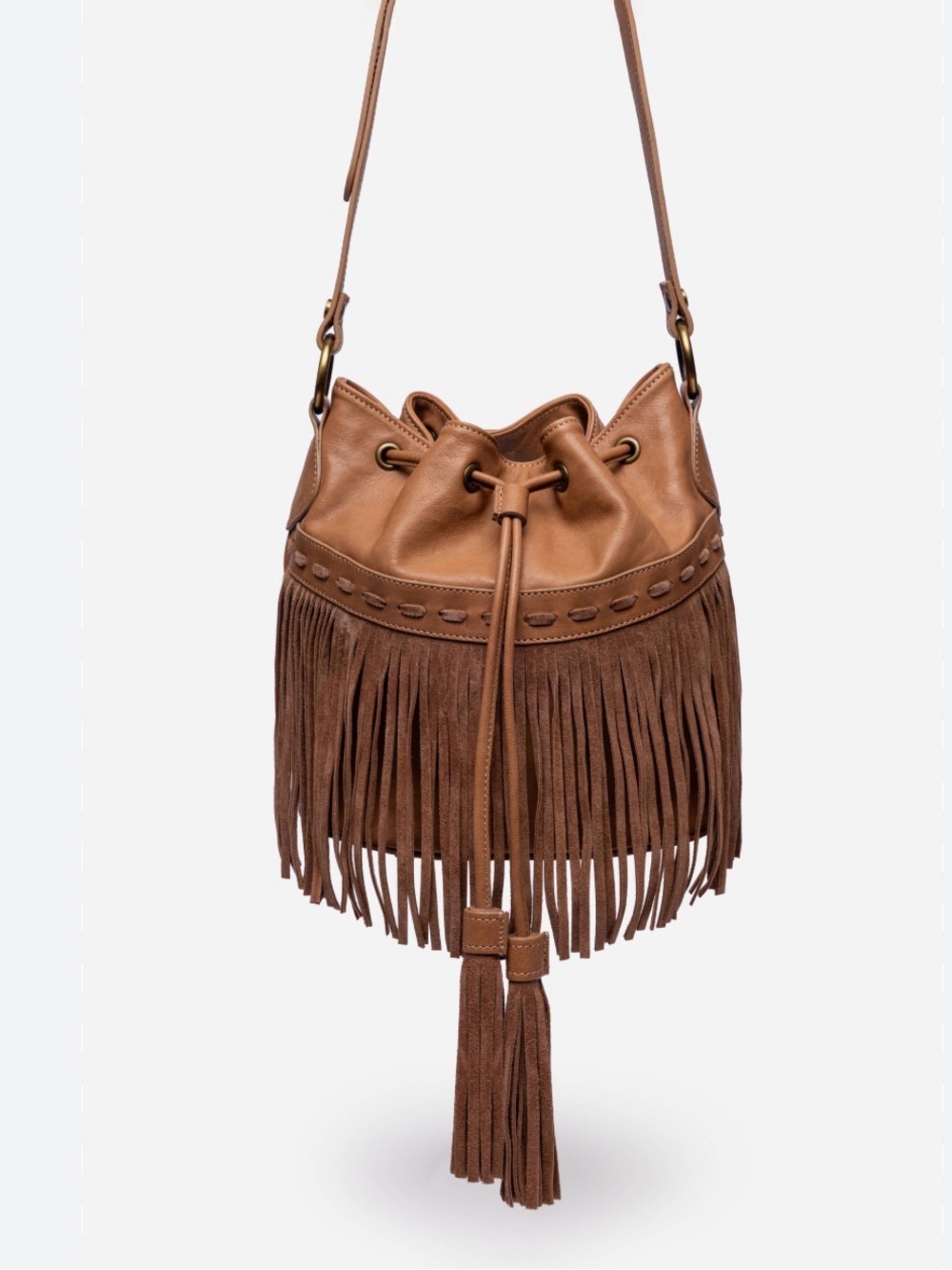 JOHNNY WAS Italian Leather Fringe Bucket Bag 100% Italian Leather |Made in Italy - Picture 1 of 4
